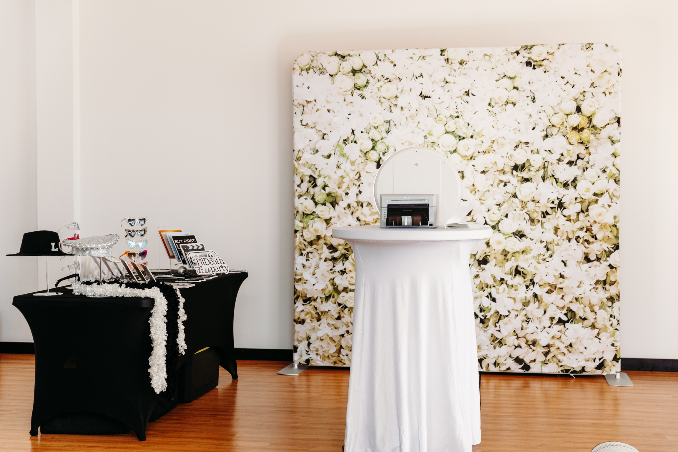 Pearl Photo Booth with White Roses and Orchids Backdrop