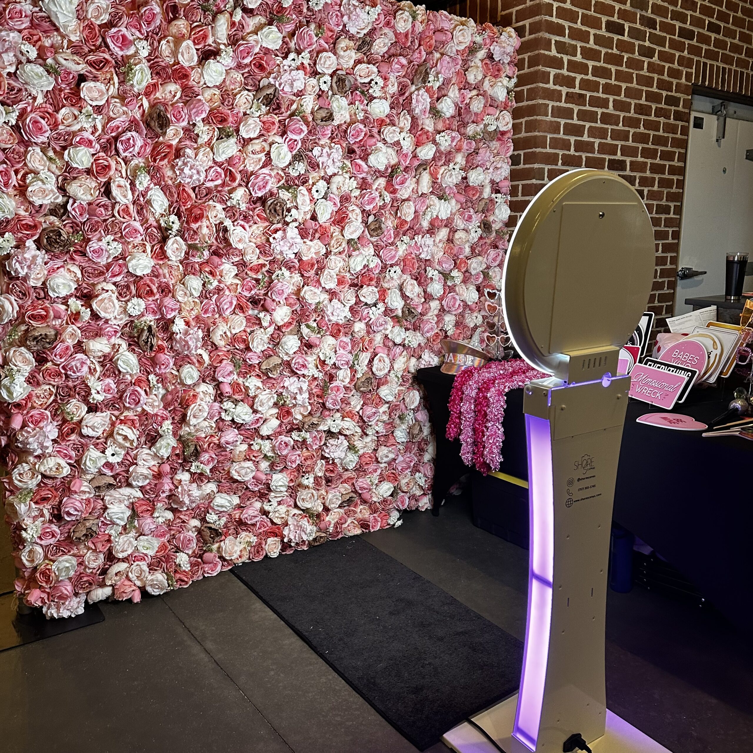 Pink Rose Flower Wall with Photo Booth Setup